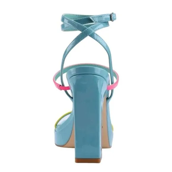MARC FISHER ACRES Women's Platform Strappy Ankle Wrap Heeled Sandals Blue Multi