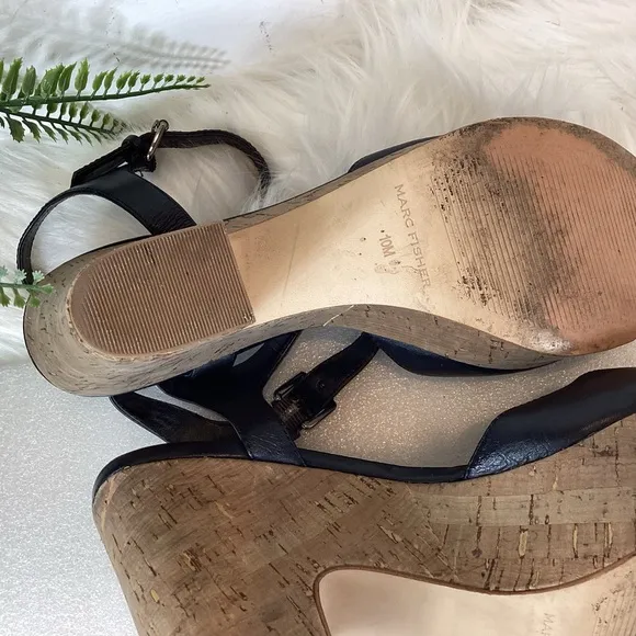 MARC FISHER CALIA LEATHER PLATFORM CHUCKY CORK HEEL ANKLE STRAP SANDALS SZ 10