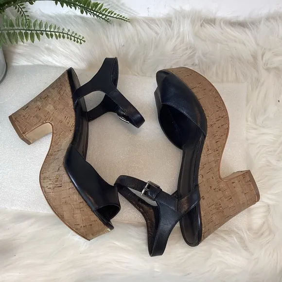 MARC FISHER CALIA LEATHER PLATFORM CHUCKY CORK HEEL ANKLE STRAP SANDALS SZ 10