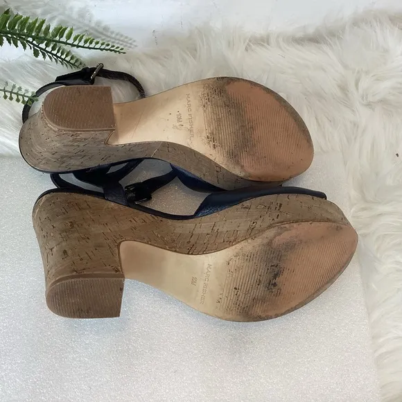 MARC FISHER CALIA LEATHER PLATFORM CHUCKY CORK HEEL ANKLE STRAP SANDALS SZ 10