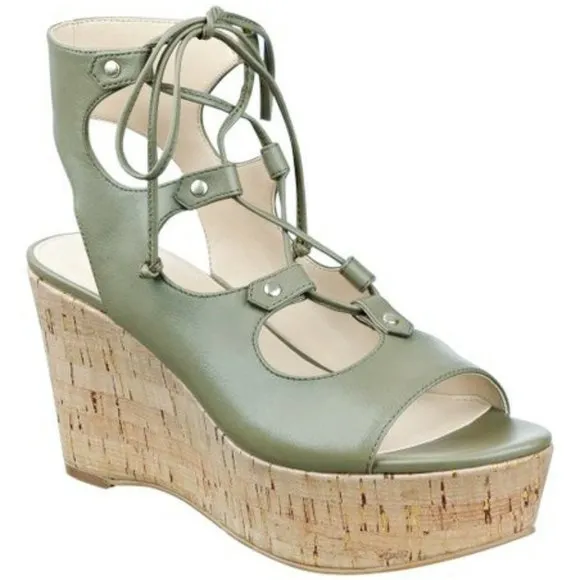Marc Fisher Smarty Leather Platform Wedge Sandal Size 9 Green Lace Up