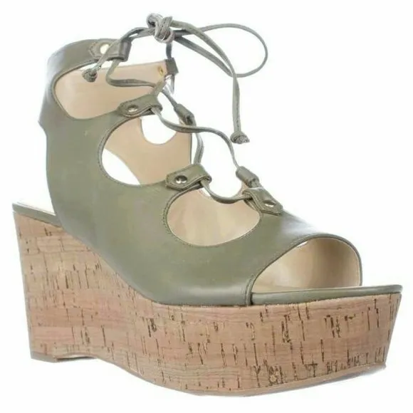 Marc Fisher Smarty Leather Platform Wedge Sandal Size 9 Green Lace Up