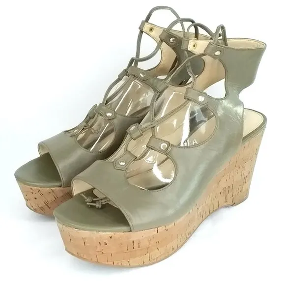 Marc Fisher Smarty Leather Platform Wedge Sandal Size 9 Green Lace Up