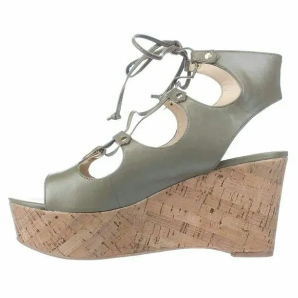 Marc Fisher Smarty Leather Platform Wedge Sandal Size 9 Green Lace Up