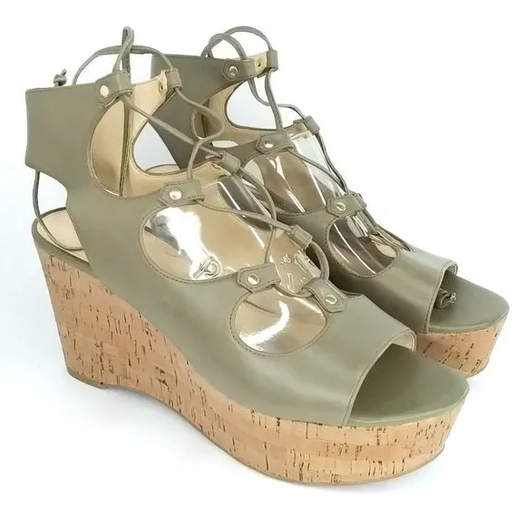 Marc Fisher Smarty Leather Platform Wedge Sandal Size 9 Green Lace Up