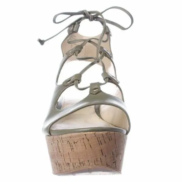 Marc Fisher Smarty Leather Platform Wedge Sandal Size 9 Green Lace Up