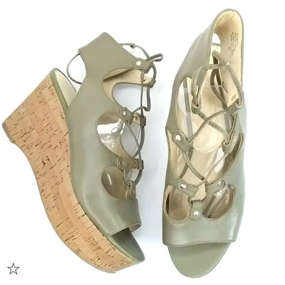 Marc Fisher Smarty Leather Platform Wedge Sandal Size 9 Green Lace Up