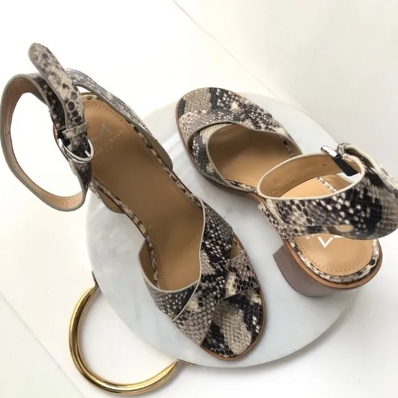 Marc Fisher Snake Print Leather Boho Crisscross Stacked Block Heeled Sandals