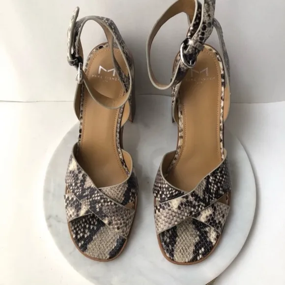 Marc Fisher Snake Print Leather Boho Crisscross Stacked Block Heeled Sandals