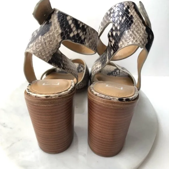 Marc Fisher Snake Print Leather Boho Crisscross Stacked Block Heeled Sandals