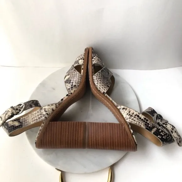 Marc Fisher Snake Print Leather Boho Crisscross Stacked Block Heeled Sandals