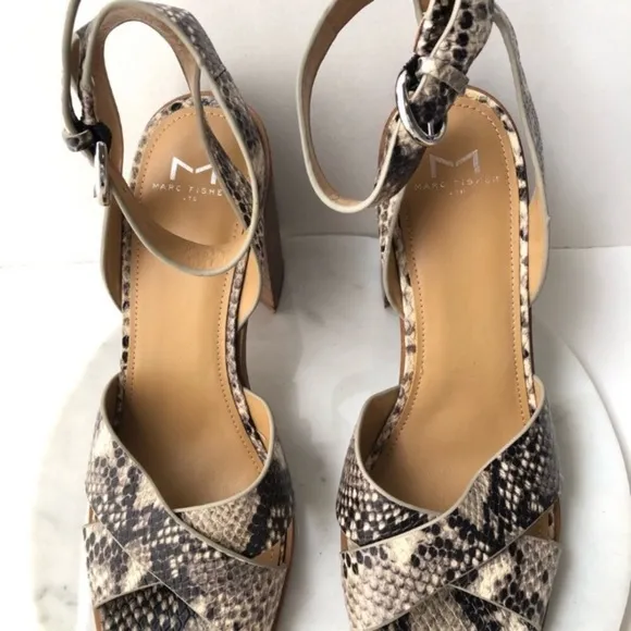 Marc Fisher Snake Print Leather Boho Crisscross Stacked Block Heeled Sandals