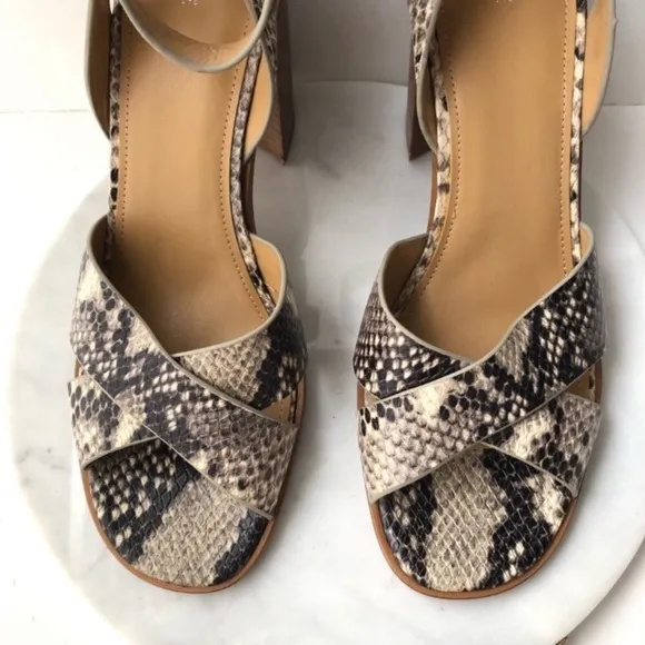 Marc Fisher Snake Print Leather Boho Crisscross Stacked Block Heeled Sandals