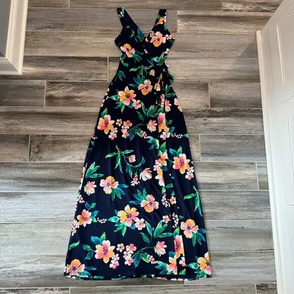 Market &amp; Spruce Helena Faux Wrap Blue Maxi Dress Floral Print Hollywood Glam XS
