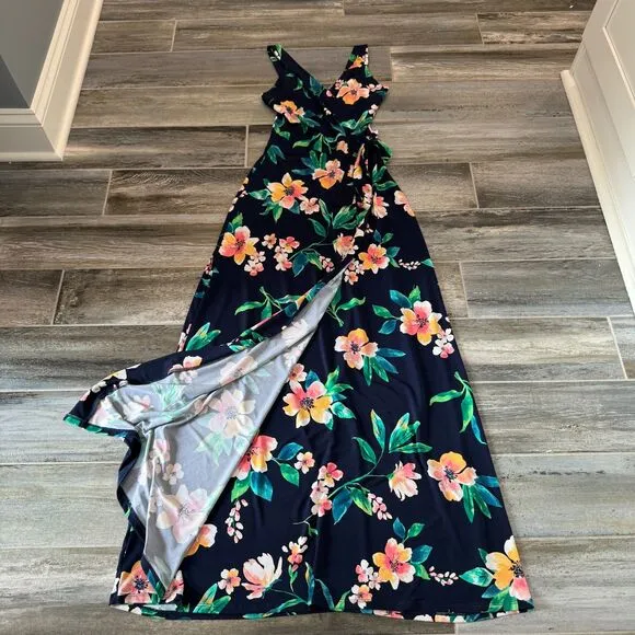 Market &amp; Spruce Helena Faux Wrap Blue Maxi Dress Floral Print Hollywood Glam XS
