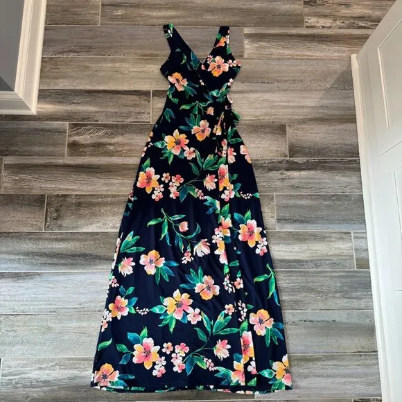 Market &amp; Spruce Helena Faux Wrap Blue Maxi Dress Floral Print Hollywood Glam XS