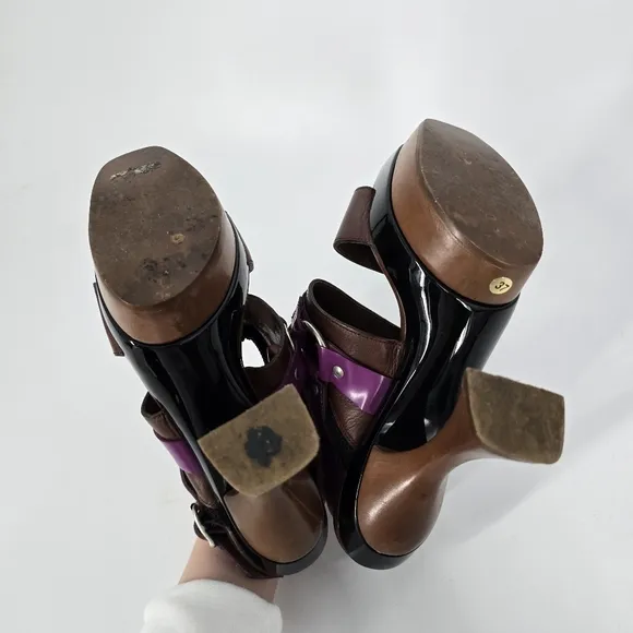 Marni Brown Leather Purple Buckle Chunky Shoes Sandals Size 37