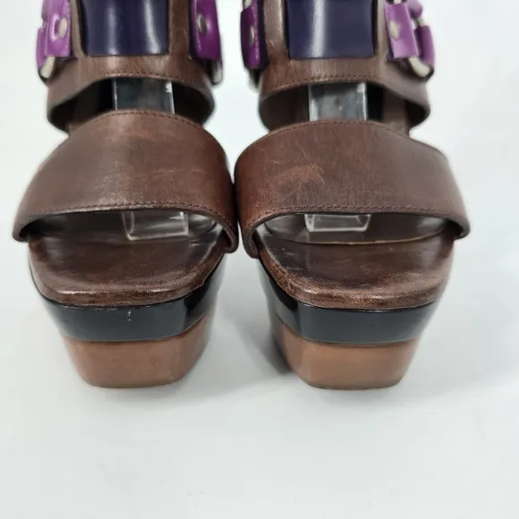 Marni Brown Leather Purple Buckle Chunky Shoes Sandals Size 37