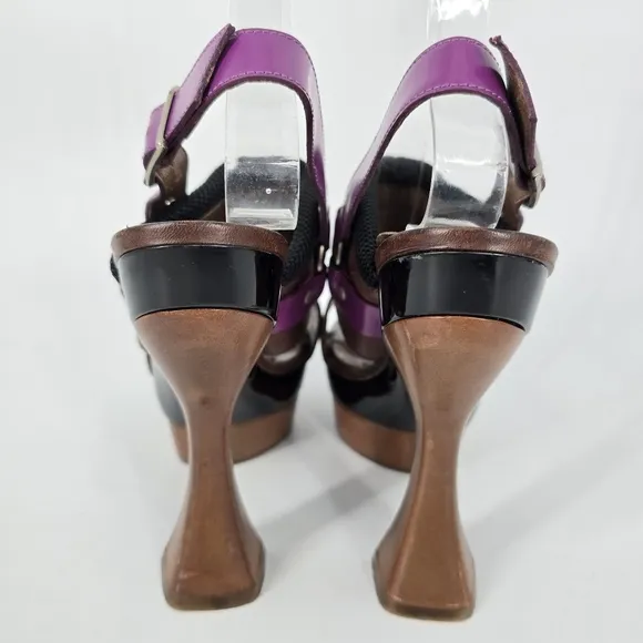 Marni Brown Leather Purple Buckle Chunky Shoes Sandals Size 37