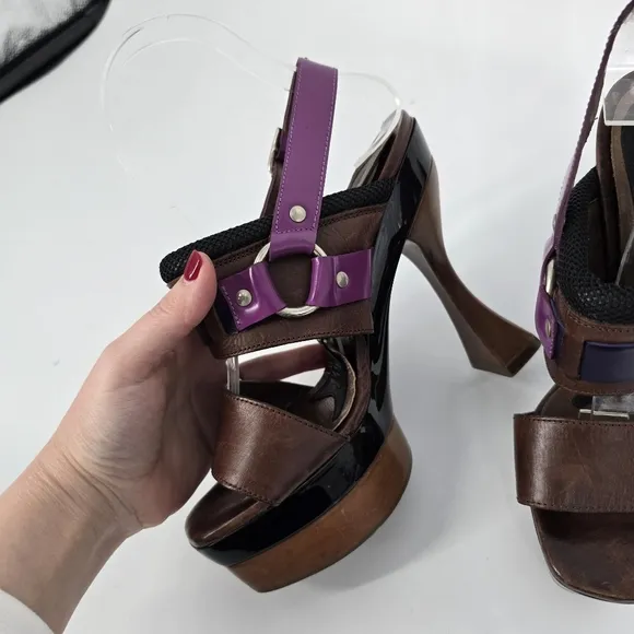 Marni Brown Leather Purple Buckle Chunky Shoes Sandals Size 37