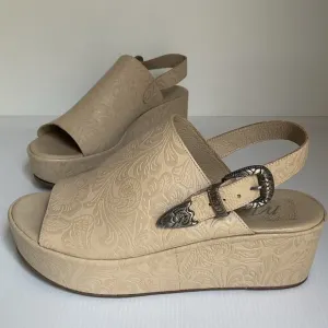 Matisse Embossed Wedge Sandals Western Leather Beige Platform Made in Brazil Sz9