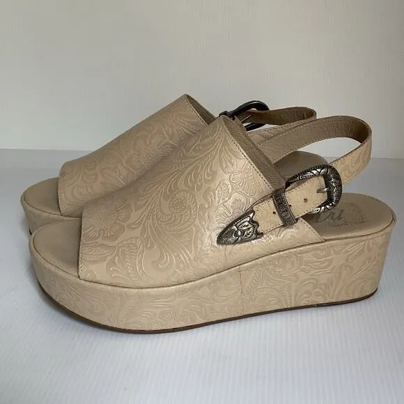 Matisse Embossed Wedge Sandals Western Leather Beige Platform Made in Brazil Sz9
