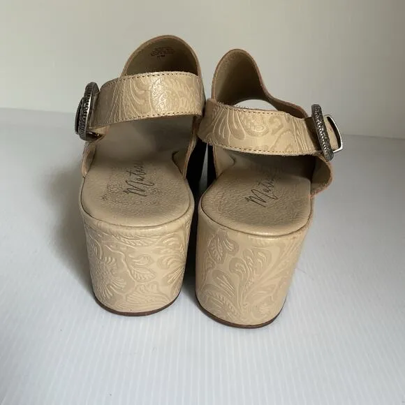 Matisse Embossed Wedge Sandals Western Leather Beige Platform Made in Brazil Sz9