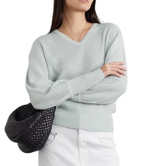 Max Mara NWT Borbona V-neck Ribbed Virgin Wool Sweater Blue Size S FLAW