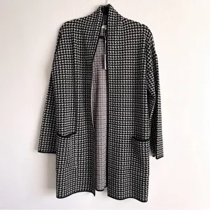 MAX STUDIO HOUNDSTOOTH CARDIGAN LONG LINE SHAWL COLLAR COATIGAN Black Cream S