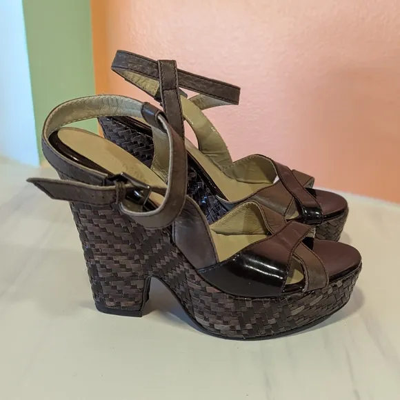 MaxMara 38 Woven Leather Luxury Platform Sandals Wedge Boho Chic Aesthetic