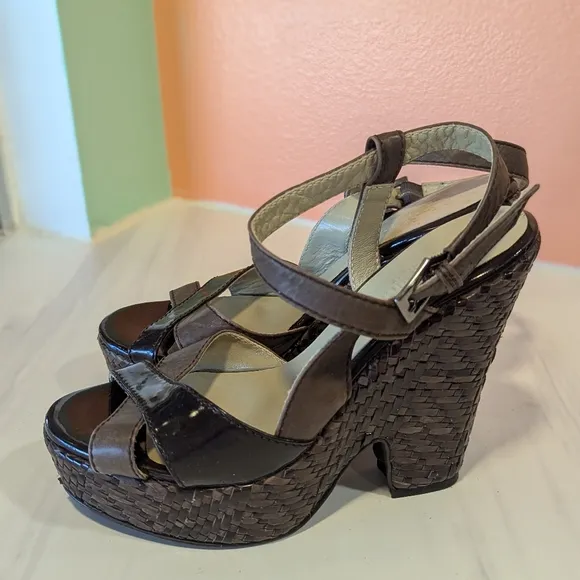 MaxMara 38 Woven Leather Luxury Platform Sandals Wedge Boho Chic Aesthetic