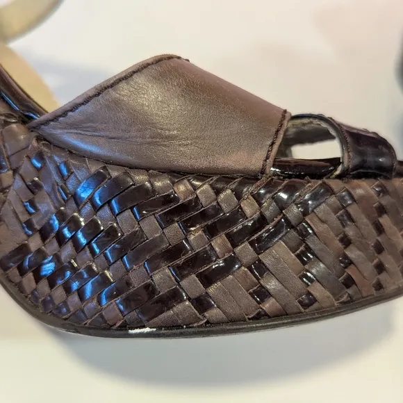 MaxMara 38 Woven Leather Luxury Platform Sandals Wedge Boho Chic Aesthetic