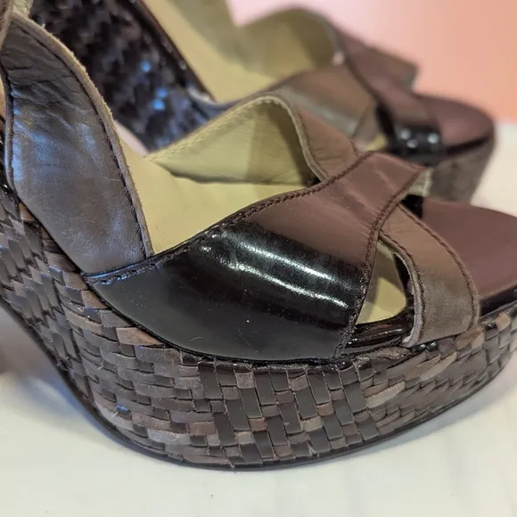 MaxMara 38 Woven Leather Luxury Platform Sandals Wedge Boho Chic Aesthetic