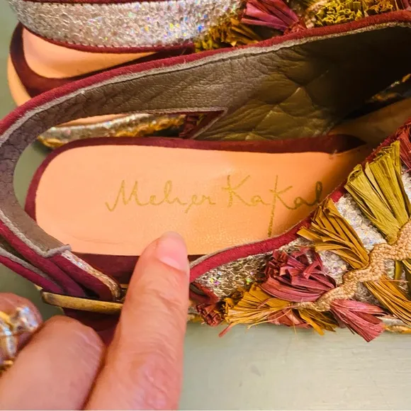Meher Kakalia PONZA LIKU Block Raffia Leather Splash  Silver Sandals 37