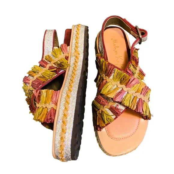 Meher Kakalia PONZA LIKU Block Raffia Leather Splash  Silver Sandals 37