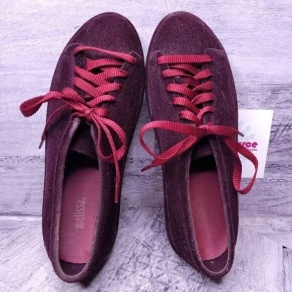 Melissa Flocked Velvet Platform Sneaker Burgundy Red Women's sz 8