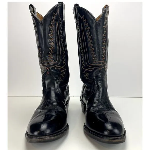 Mens (10 EE) Vintage Cowboy Boots Black Leather Cream &amp; Red stitching_Aged