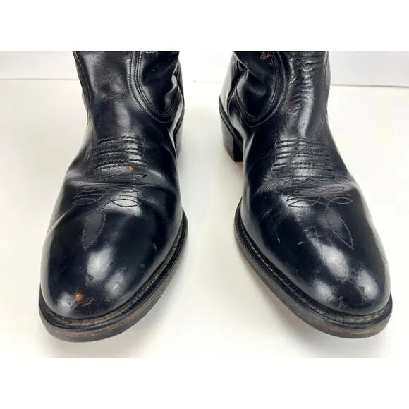 Mens (10 EE) Vintage Cowboy Boots Black Leather Cream &amp; Red stitching_Aged