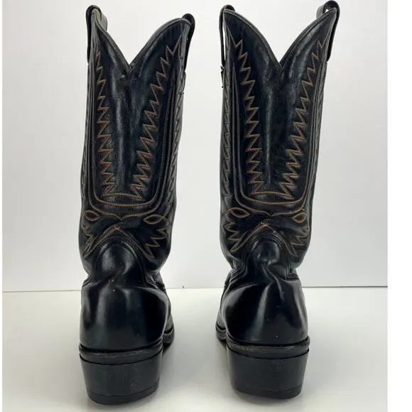 Mens (10 EE) Vintage Cowboy Boots Black Leather Cream &amp; Red stitching_Aged