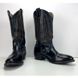 Mens (10 EE) Vintage Cowboy Boots Black Leather Cream &amp; Red stitching_Aged