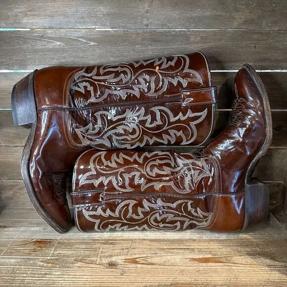 Mens Justin Brown Patent Leather Vintage 2436 Western‎ Cowboy Boots Size 9.5 D