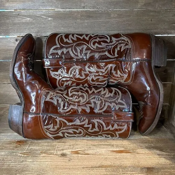 Mens Justin Brown Patent Leather Vintage 2436 Western‎ Cowboy Boots Size 9.5 D