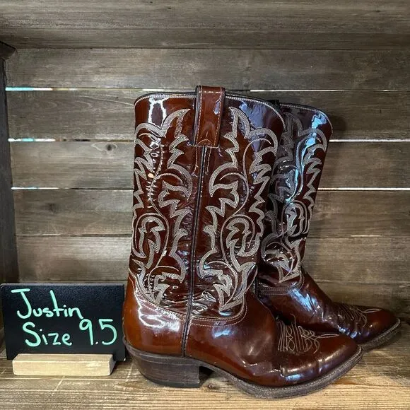 Mens Justin Brown Patent Leather Vintage 2436 Western‎ Cowboy Boots Size 9.5 D