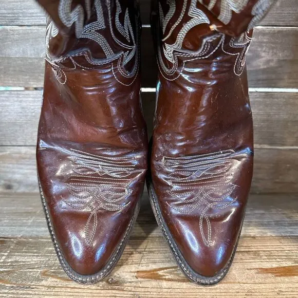 Mens Justin Brown Patent Leather Vintage 2436 Western‎ Cowboy Boots Size 9.5 D