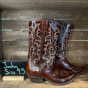 Mens Justin Brown Patent Leather Vintage 2436 Western‎ Cowboy Boots Size 9.5 D