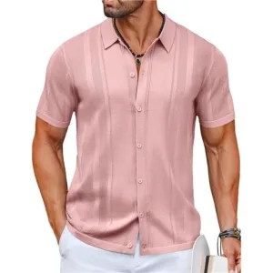 Men's Knit Shirts Short Sleeve Button Down Polo Shirt Vintage Casual