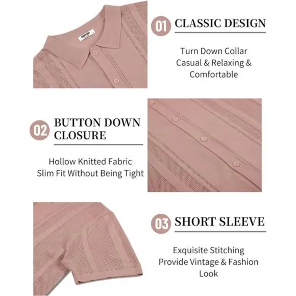 Men's Knit Shirts Short Sleeve Button Down Polo Shirt Vintage Casual