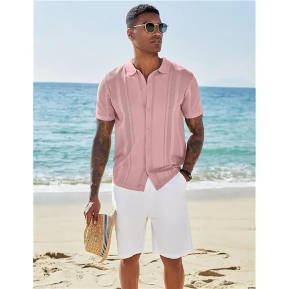 Men's Knit Shirts Short Sleeve Button Down Polo Shirt Vintage Casual