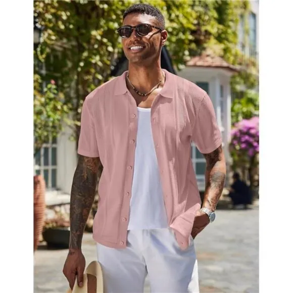 Men's Knit Shirts Short Sleeve Button Down Polo Shirt Vintage Casual