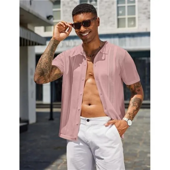 Men's Knit Shirts Short Sleeve Button Down Polo Shirt Vintage Casual